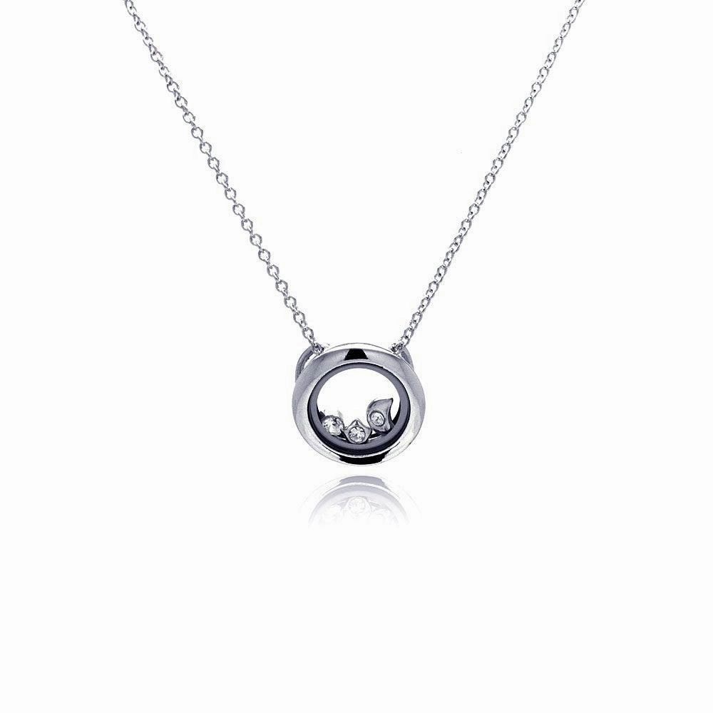 Silver 925 Rhodium Plated Open Circle Clear CZ Accentuated Pendant Necklace - STP00058