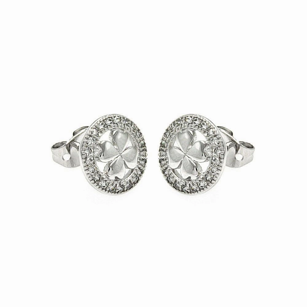 Silver 925 Rhodium Plated Open Circle Clover CZ Stud Earrings - BGE00252