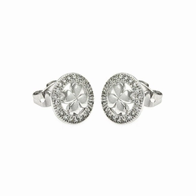 Silver 925 Rhodium Plated Open Circle Clover CZ Stud Earrings - BGE00252
