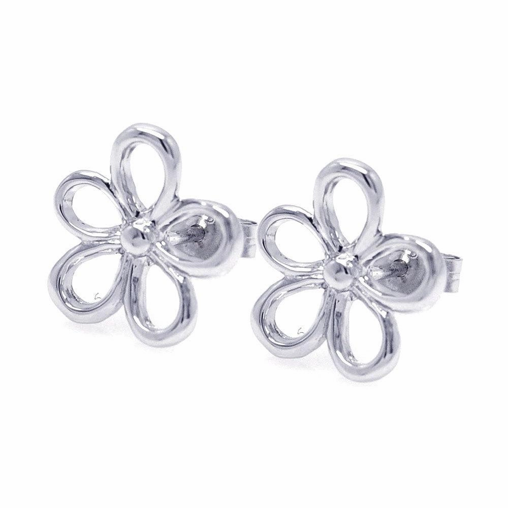 Silver 925 Rhodium Plated Open Flower One Clear CZ Stud Earrings - STE00748