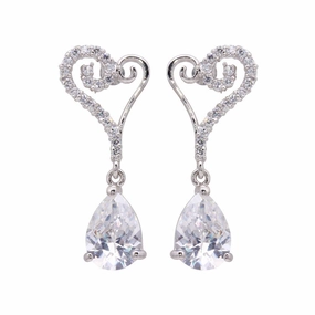 Silver 925 Rhodium Plated Open Heart CZ Dangling Stud Earrings - BGE00104