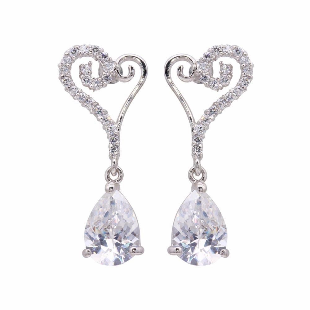 Silver 925 Rhodium Plated Open Heart CZ Dangling Stud Earrings - BGE00104