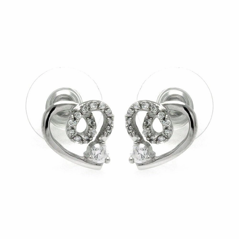 Silver 925 Rhodium Plated Open Heart CZ Outline Stud Earrings - BGE00228
