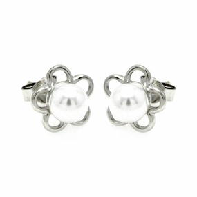 Silver 925 Rhodium Plated Open Star Pearl Stud Earrings - STE00894