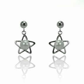 Silver 925 Rhodium Plated Open Start Dangling Synthetic Pearl Stud Earrings - STE00908