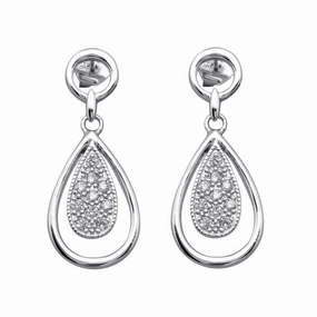 Silver 925 Rhodium Plated Open Teardrop Clear CZ Dangling Stud Earrings - BGE00043