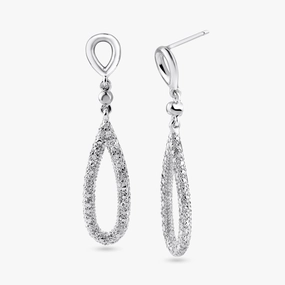 Silver 925 Rhodium Plated Open Teardrop Clear CZ Dangling Stud Earrings - STE00869