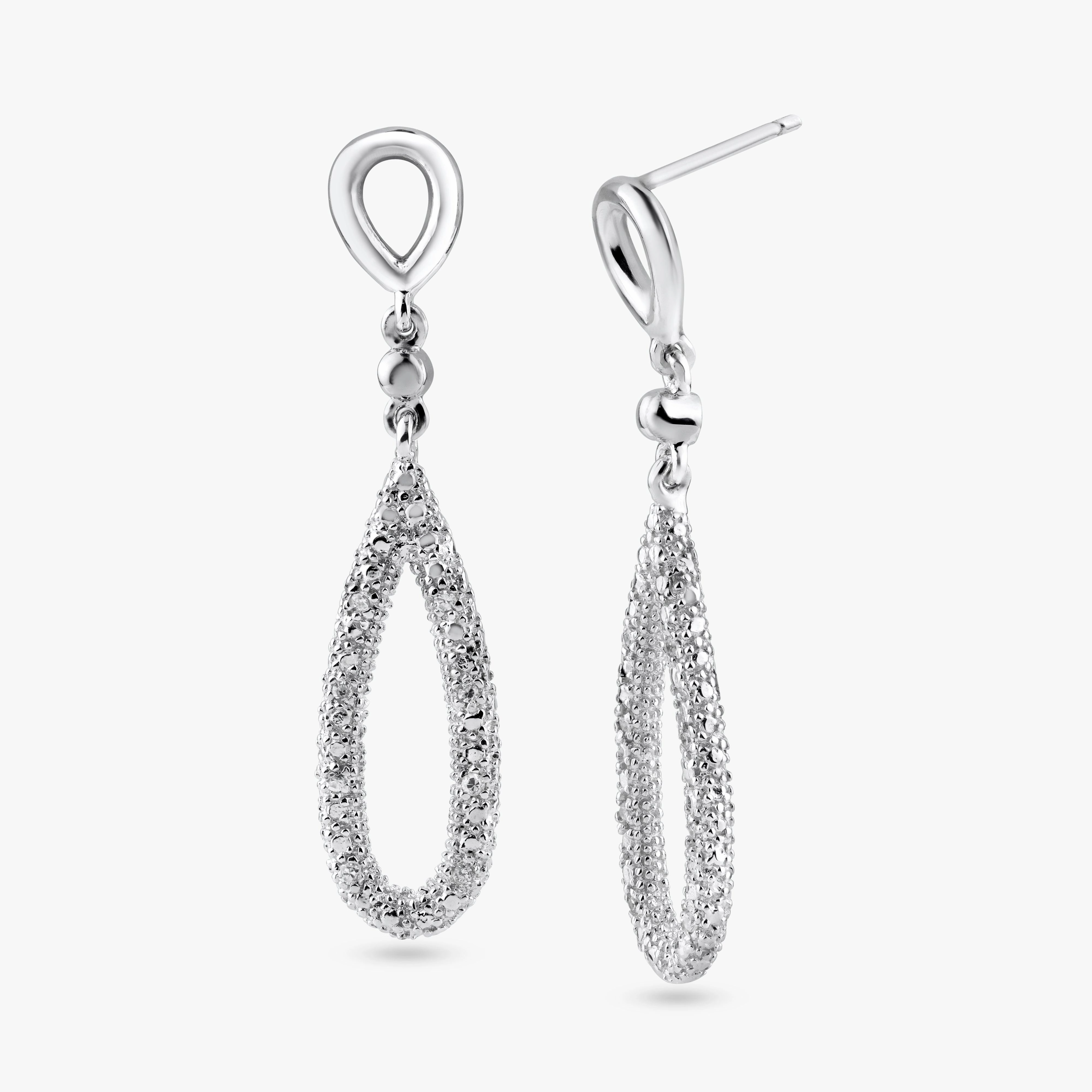 Silver 925 Rhodium Plated Open Teardrop Clear CZ Dangling Stud Earrings - STE00869