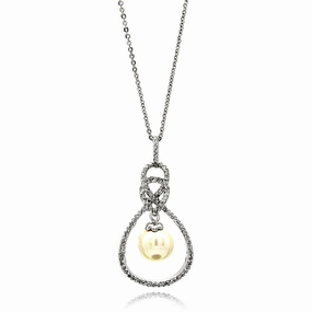 Silver 925 Rhodium Plated Open Teardrop CZ Center Pearl Necklace - BGP00600