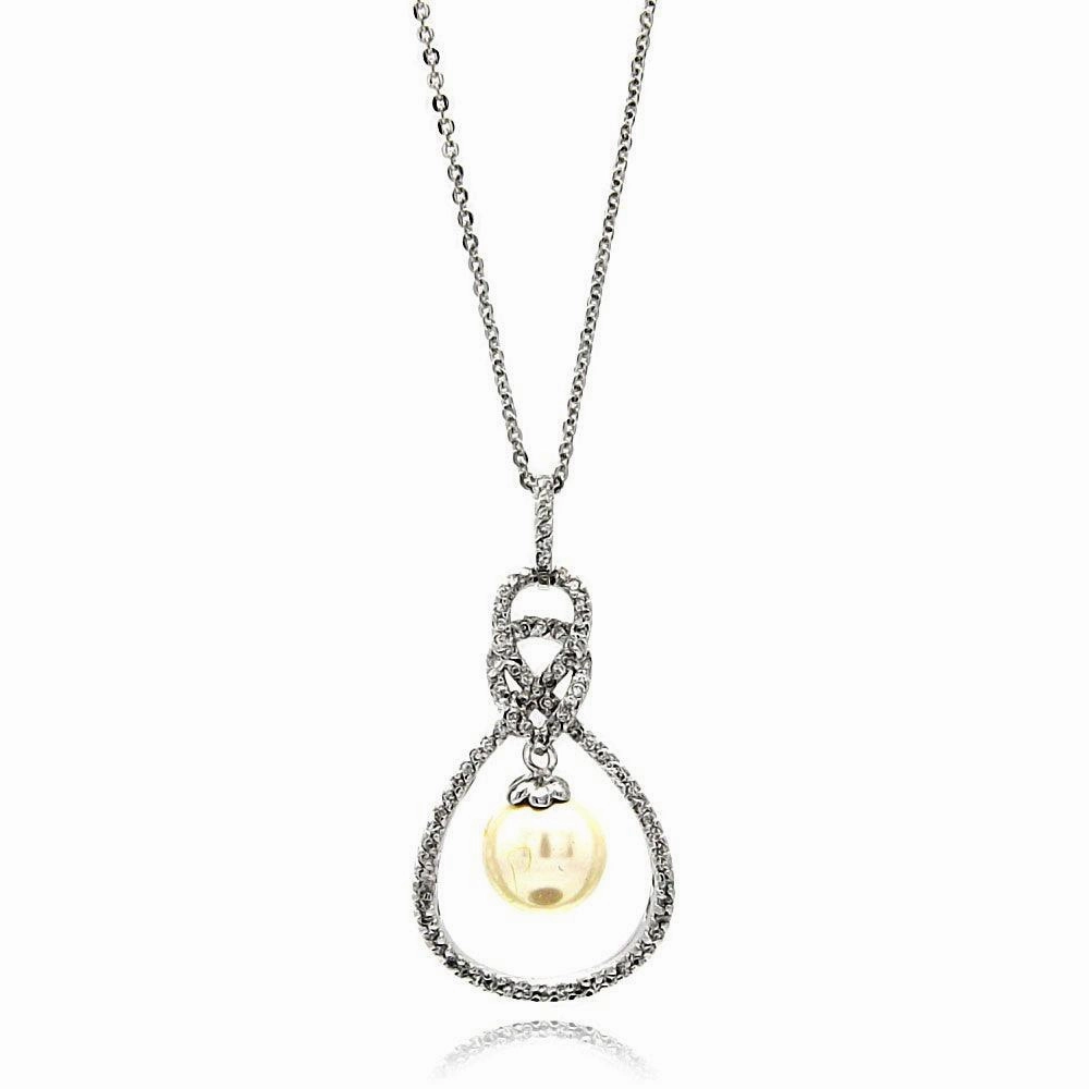 Silver 925 Rhodium Plated Open Teardrop CZ Center Pearl Necklace - BGP00600