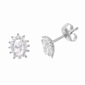 Silver 925 Rhodium Plated Oval CZ Burst Stud Earrings - GME00012