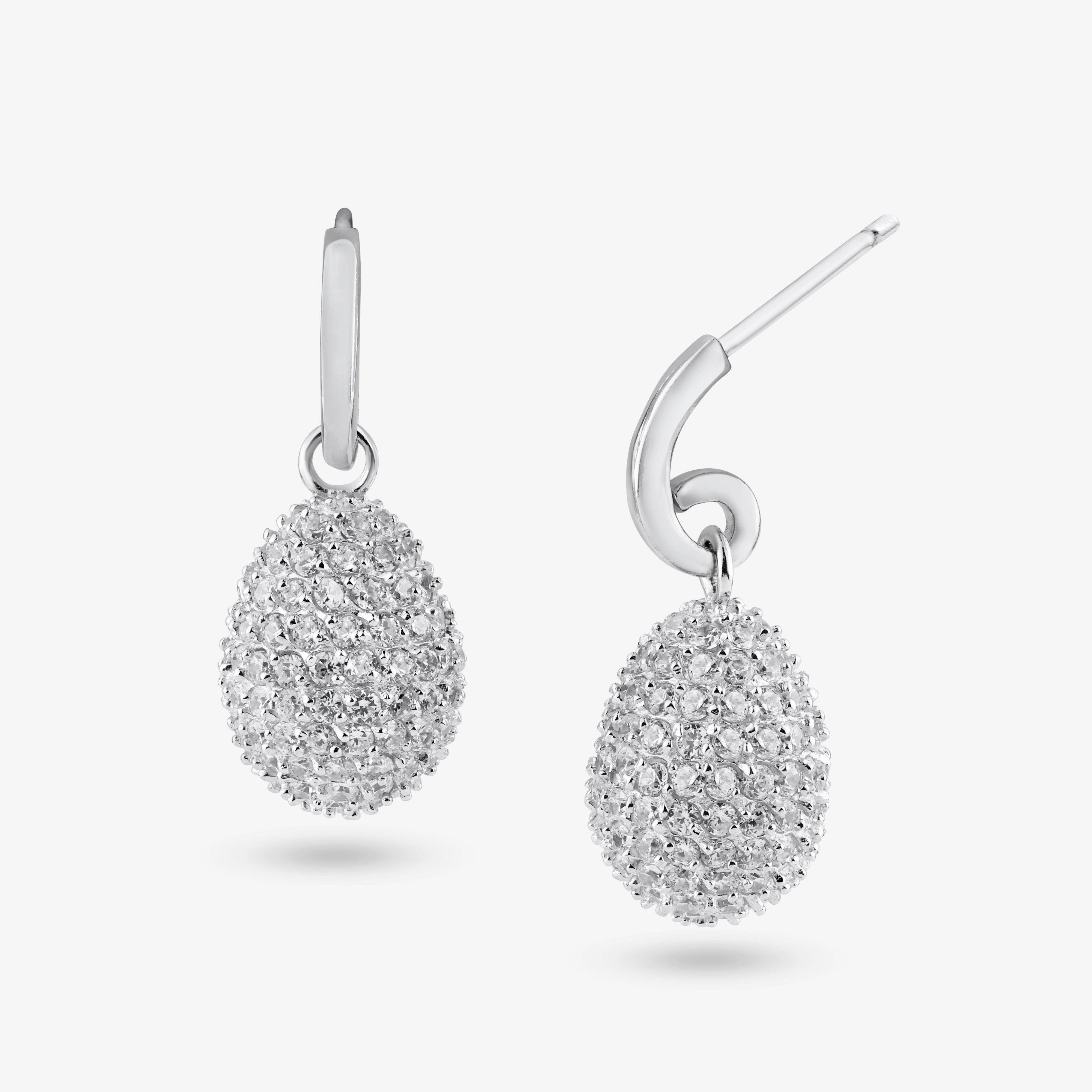 Silver 925 Rhodium Plated Oval Disco Ball Pear CZ Dangling Stud Earrings - BGE00135
