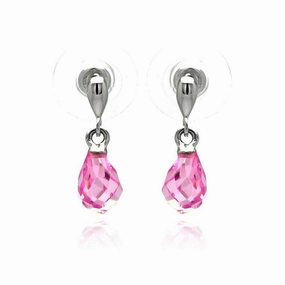 Silver 925 Rhodium Plated Pear Teardrop Pink CZ Dangling Stud Earrings - BGE00235