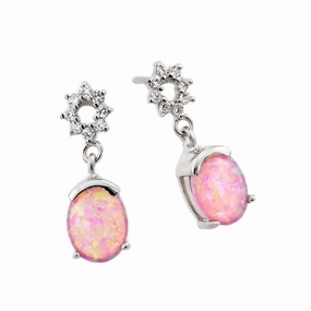 Silver 925 Rhodium Plated Pink Square CZ Dangling Stud Earrings - STE00735