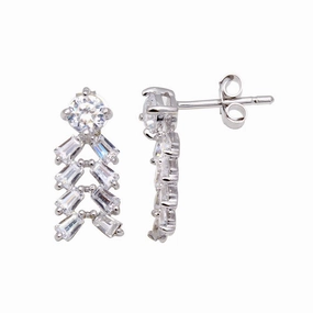 Silver 925 Rhodium Plated Rectangle Baguette CZ Chandelier Stud Earrings - STE00899