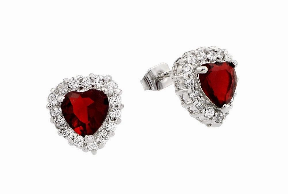 Silver 925 Rhodium Plated Red Heard CZ Stud Earrings - BGE00367R