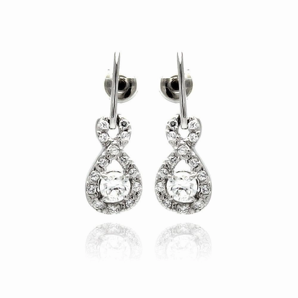 Silver 925 Rhodium Plated Ribbon CZ Dangling Stud Earrings - BGE00222