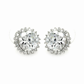 Silver 925 Rhodium Plated Round Center Sun CZ Stud Earrings - BGE00212
