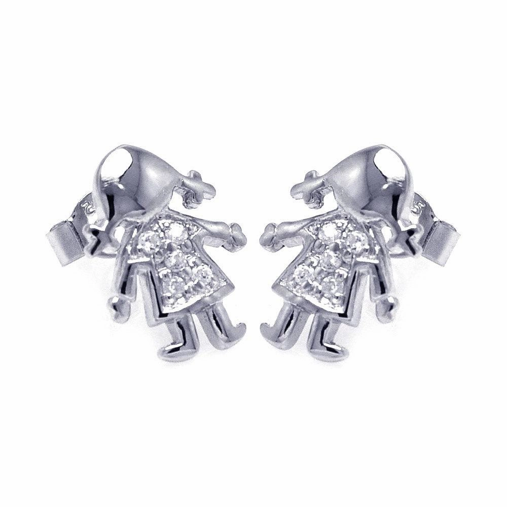 Silver 925 Rhodium Plated Round Clear Cluster CZ Little Baby Girl Stud Earrings - STE00773