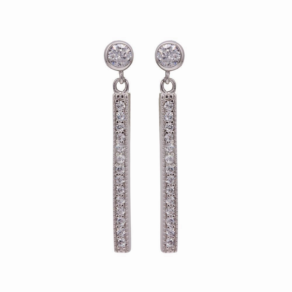 Silver 925 Rhodium Plated Round Clear CZ Rectangular Dangling Stud Earrings - STE00956