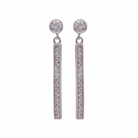 Silver 925 Rhodium Plated Round Clear CZ Rectangular Dangling Stud Earrings - STE00956