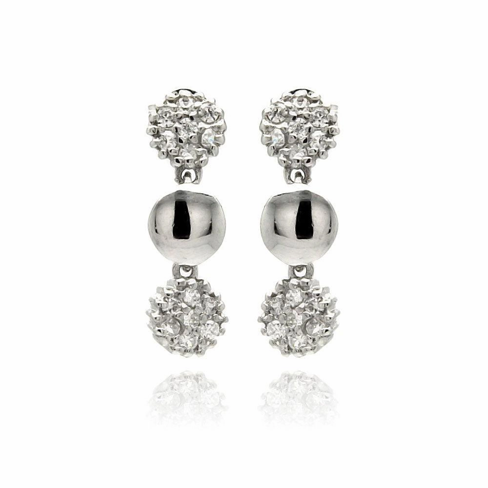 Silver 925 Rhodium Plated Round Cluster CZ Dangling Stud Earrings - STE00882