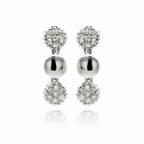 Silver 925 Rhodium Plated Round Cluster CZ Dangling Stud Earrings - STE00882