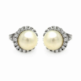 Silver 925 Rhodium Plated Round CZ Center Fresh Water Pearl Stud Earrings - BGE00253