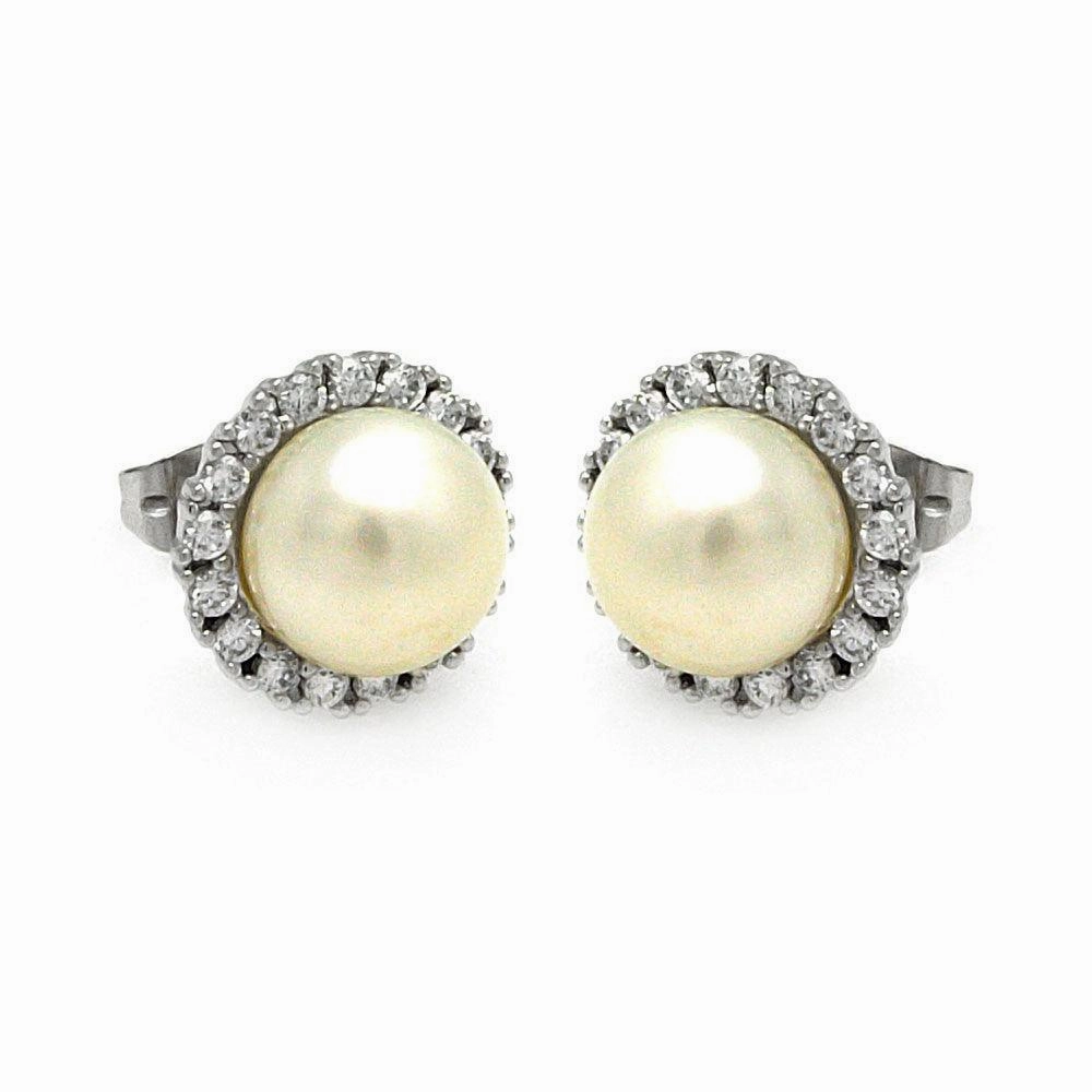Silver 925 Rhodium Plated Round CZ Center Fresh Water Pearl Stud Earrings - BGE00253
