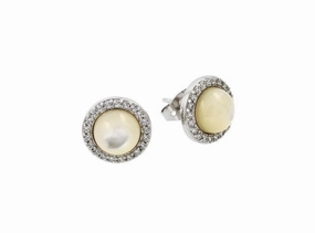 Silver 925 Rhodium Plated Round CZ Outline Center Pearl Stud Earrings - BGE00410RHD