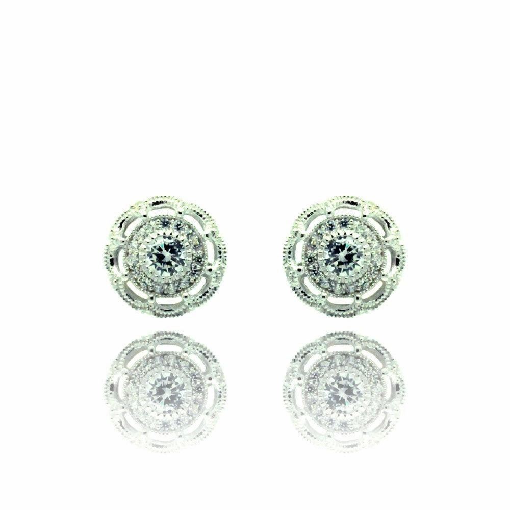 Silver 925 Rhodium Plated Round CZ Stud Earrings - BGE00325