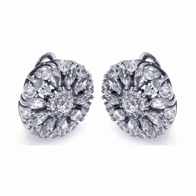 Silver 925 Rhodium Plated Round Flower Clear CZ Stud Earrings - STE00725