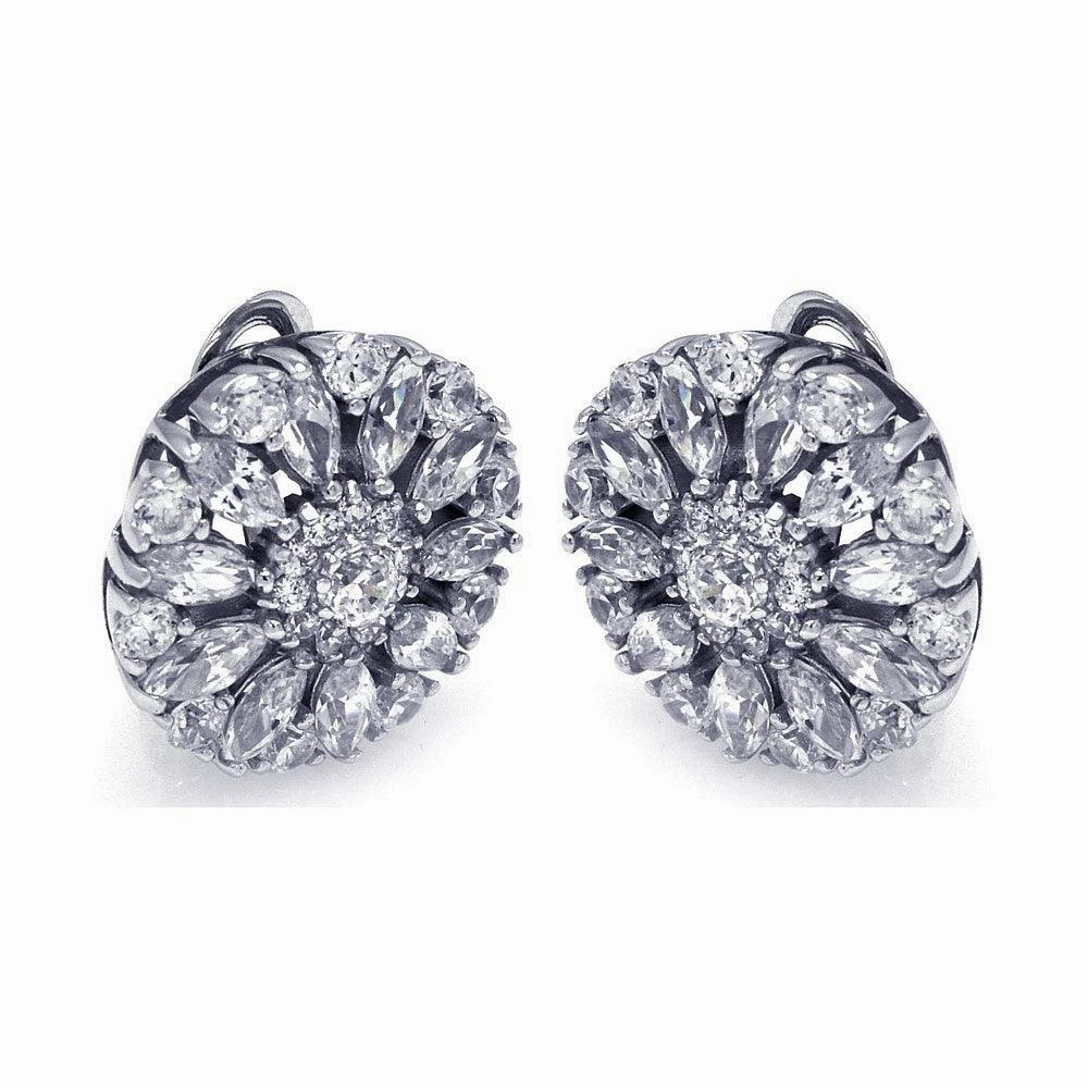 Silver 925 Rhodium Plated Round Flower Clear CZ Stud Earrings - STE00725
