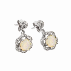 Silver 925 Rhodium Plated Round Flower CZ Pearl Dangling Stud Earrings - STE00942