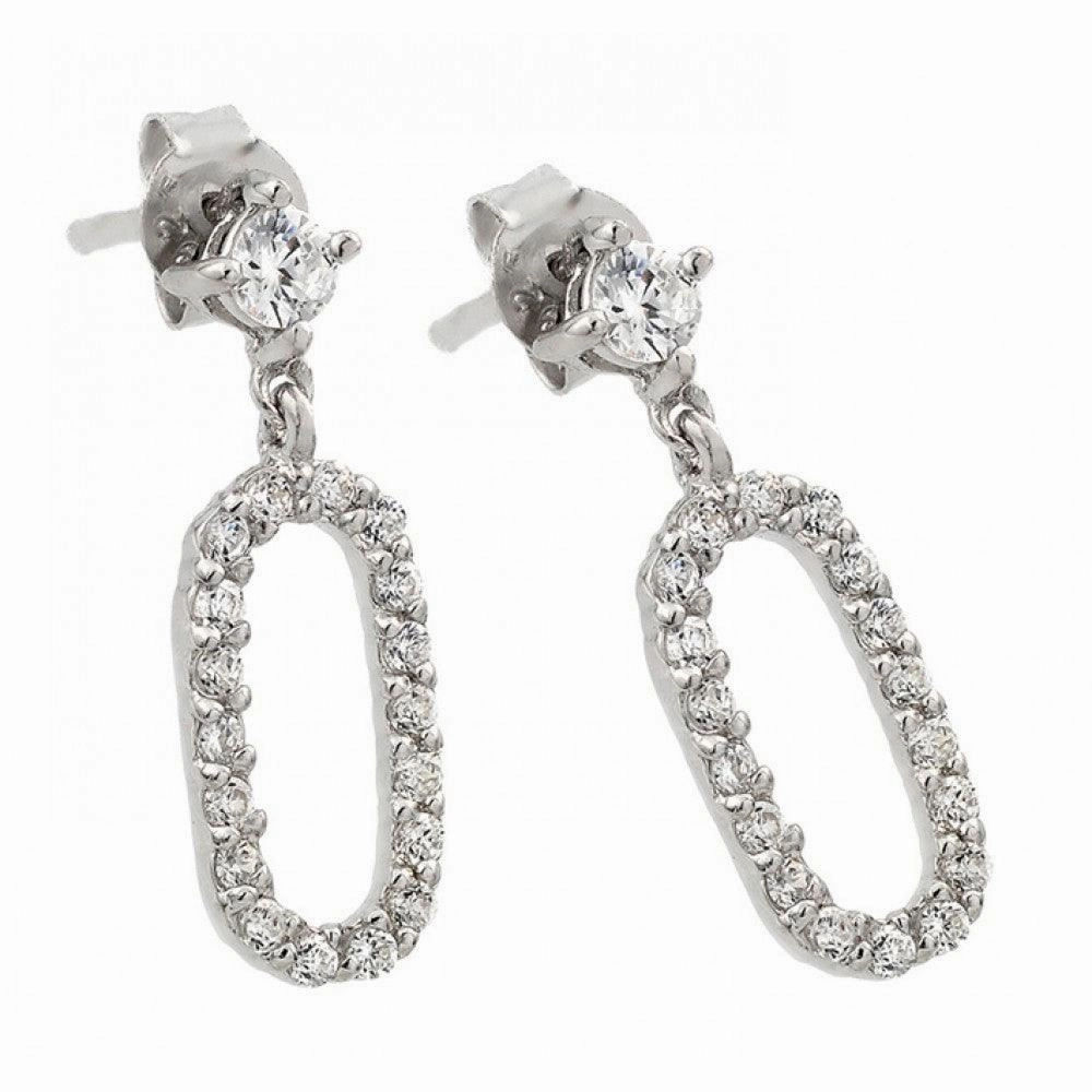 Silver 925 Rhodium Plated Round Oval Clear CZ Dangling Stud Earrings - STE00959
