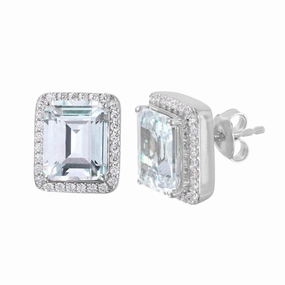Silver 925 Rhodium Plated Round Square CZ Stud Earrings - GME00013RH