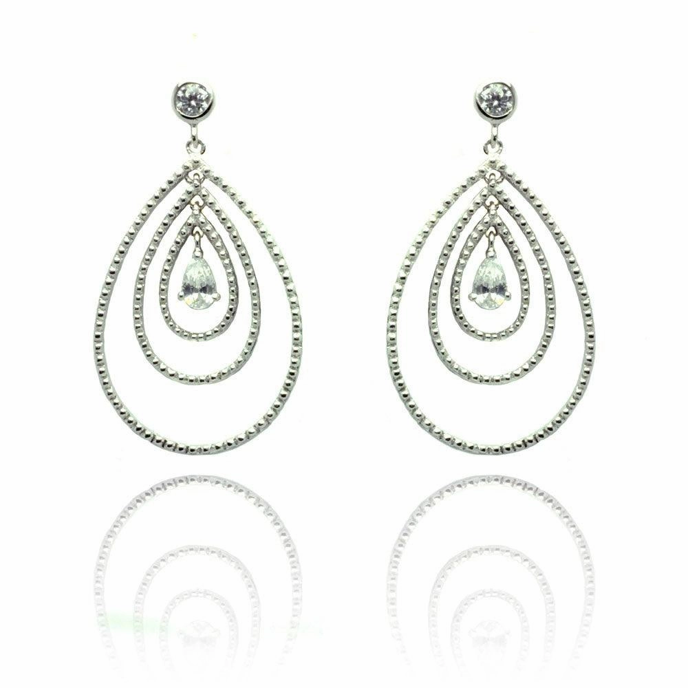 Silver 925 Rhodium Plated Round Teardrop CZ Dangling Stud Earrings - STE00653