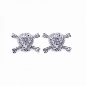 Silver 925 Rhodium Plated Skull CZ Stud Earrings - STE00525