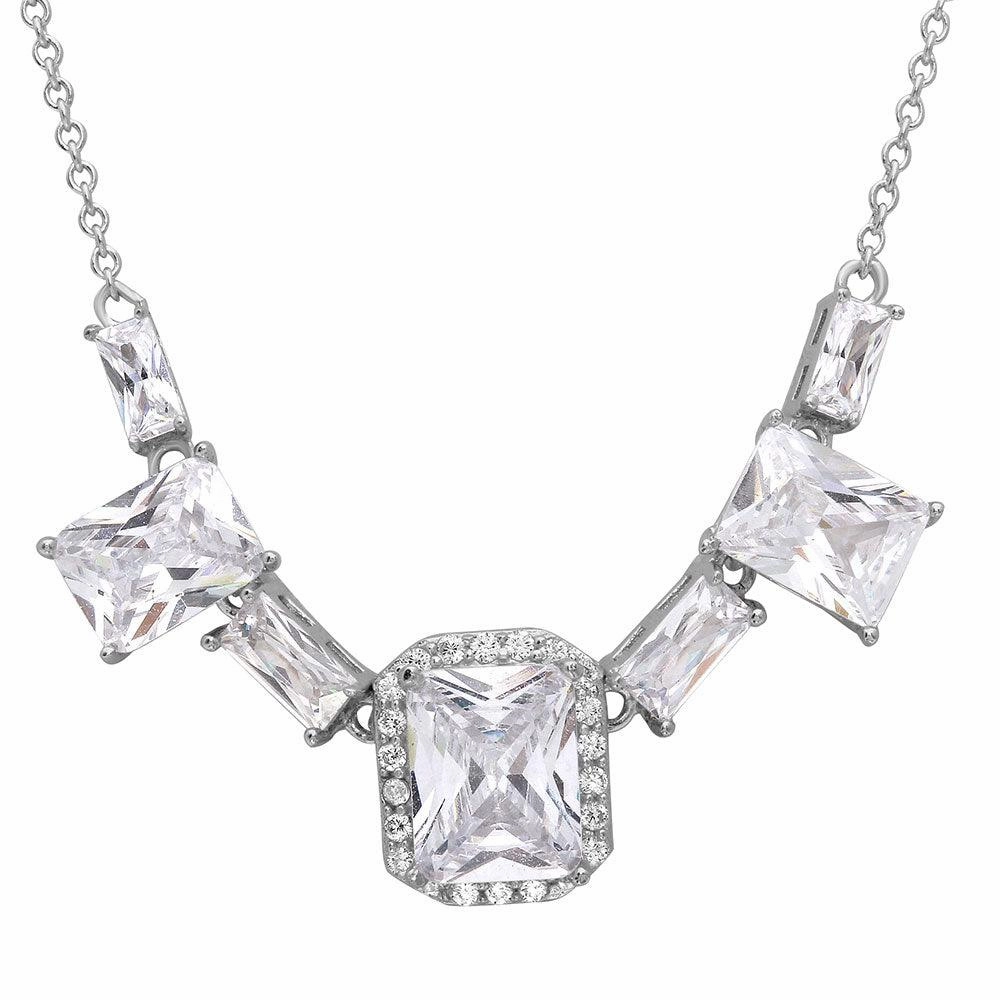 Silver 925 Rhodium Plated Square Halo Center 7 CZ Necklace - STP01521