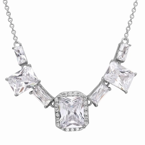 Silver 925 Rhodium Plated Square Halo Center 7 CZ Necklace - STP01521