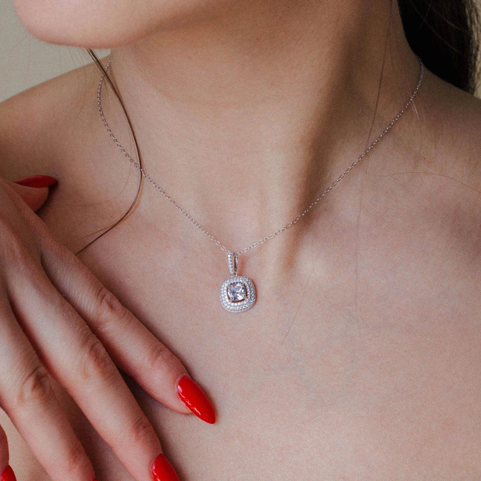 Silver 925 Rhodium Plated Square Micro Pave CZ Dangling Pendant - ACP00088