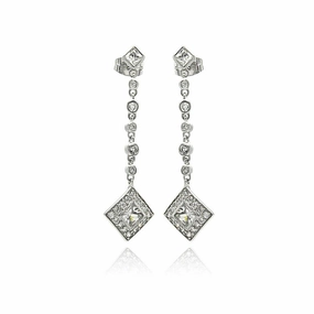 Silver 925 Rhodium Plated Square Round CZ Dangling Stud Earrings - BGE00248