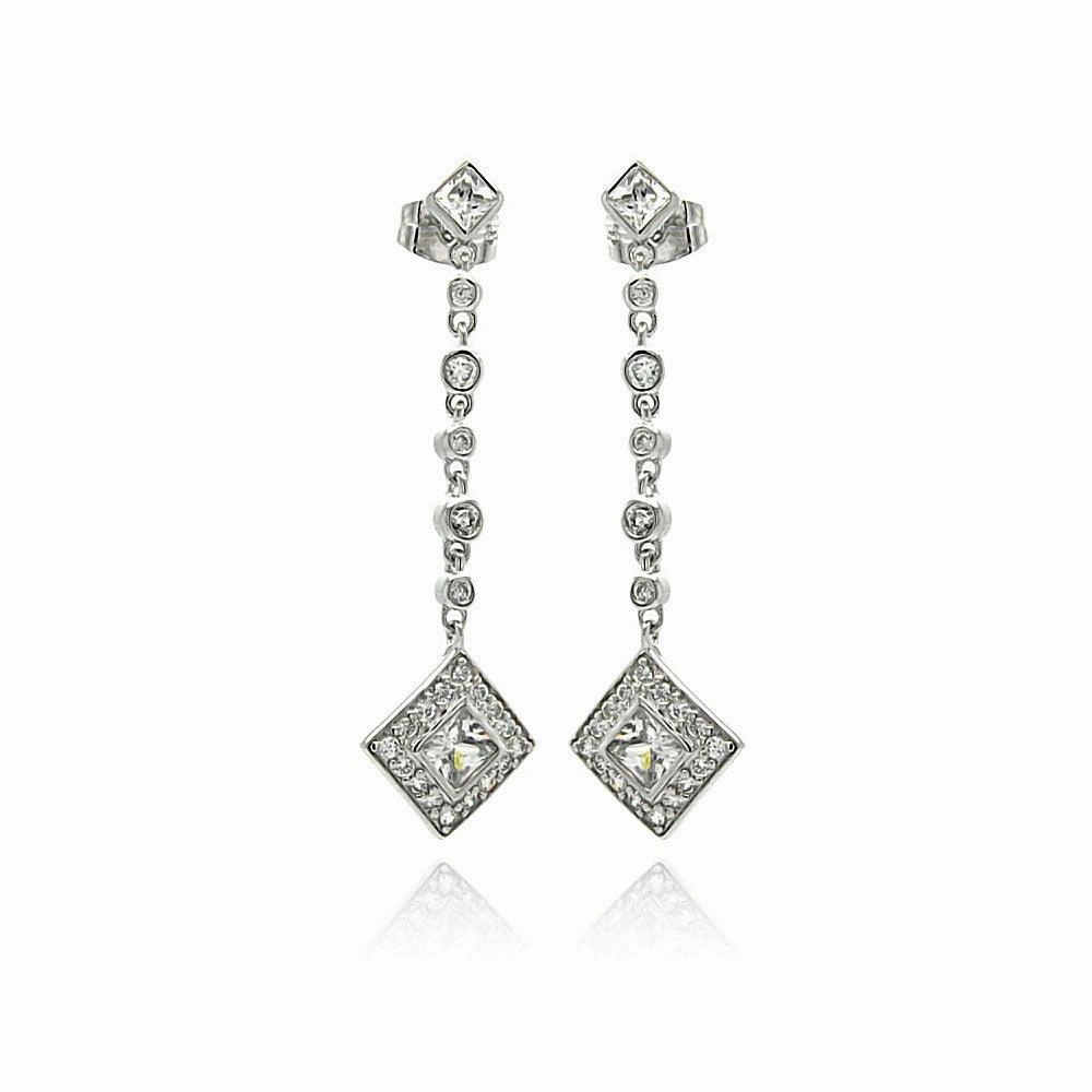 Silver 925 Rhodium Plated Square Round CZ Dangling Stud Earrings - BGE00248