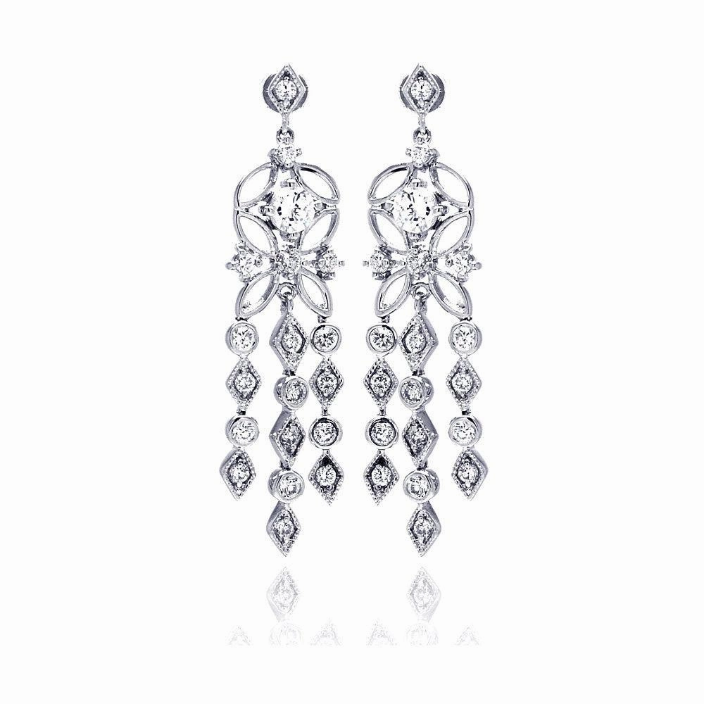 Silver 925 Rhodium Plated Star Round Marquis CZ Three Strand Dangling Stud Chandelier Earrings - BGE00194
