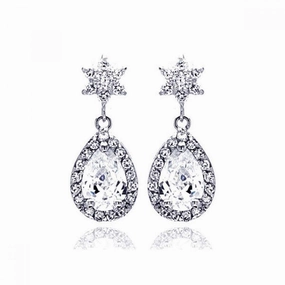 Silver 925 Rhodium Plated Star Teardrop Center Clear CZ Inlay Outline Dangling Stud Earrings - BGE00186