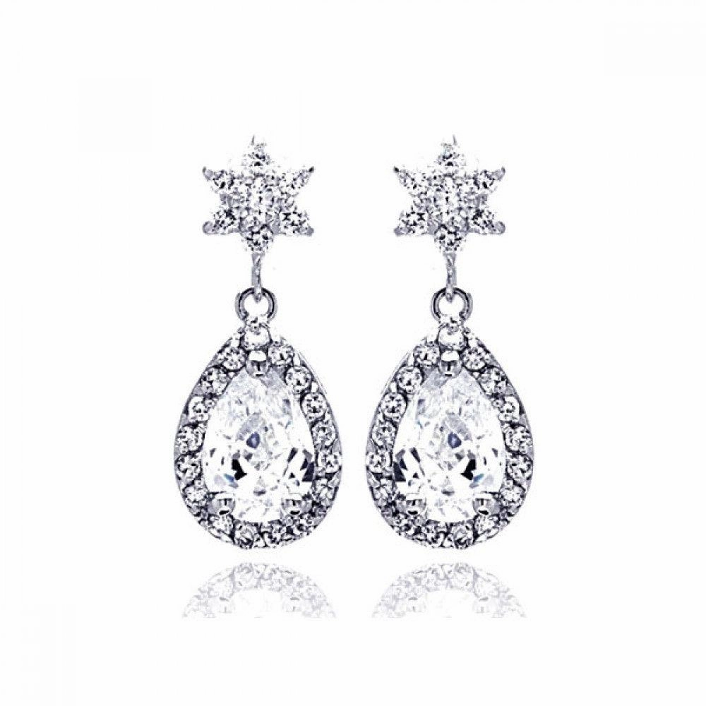 Silver 925 Rhodium Plated Star Teardrop Center Clear CZ Inlay Outline Dangling Stud Earrings - BGE00186