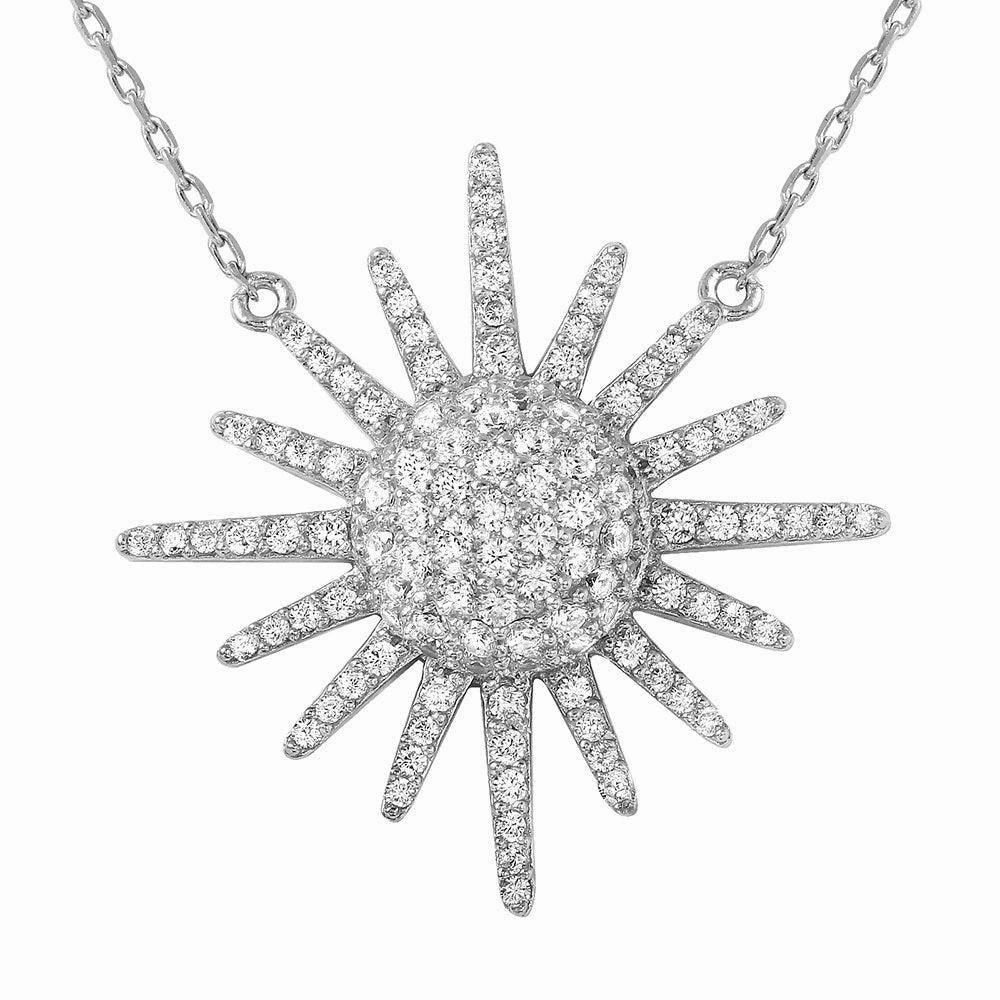 Silver 925 Rhodium Plated Sun Necklace Encrusted with CZ Stones - GMN00002