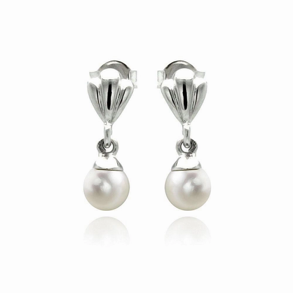 Silver 925 Rhodium Plated Synthetic Pearl Dangling Stud Earrings - STE00888