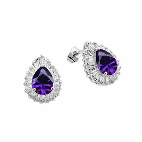 Silver 925 Rhodium Plated Teardrop Purple Baguette Clear CZ Stud Earrings - BGE00336