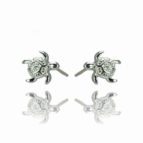 Silver 925 Rhodium Plated Turtle CZ Stud Earrings - STE00907